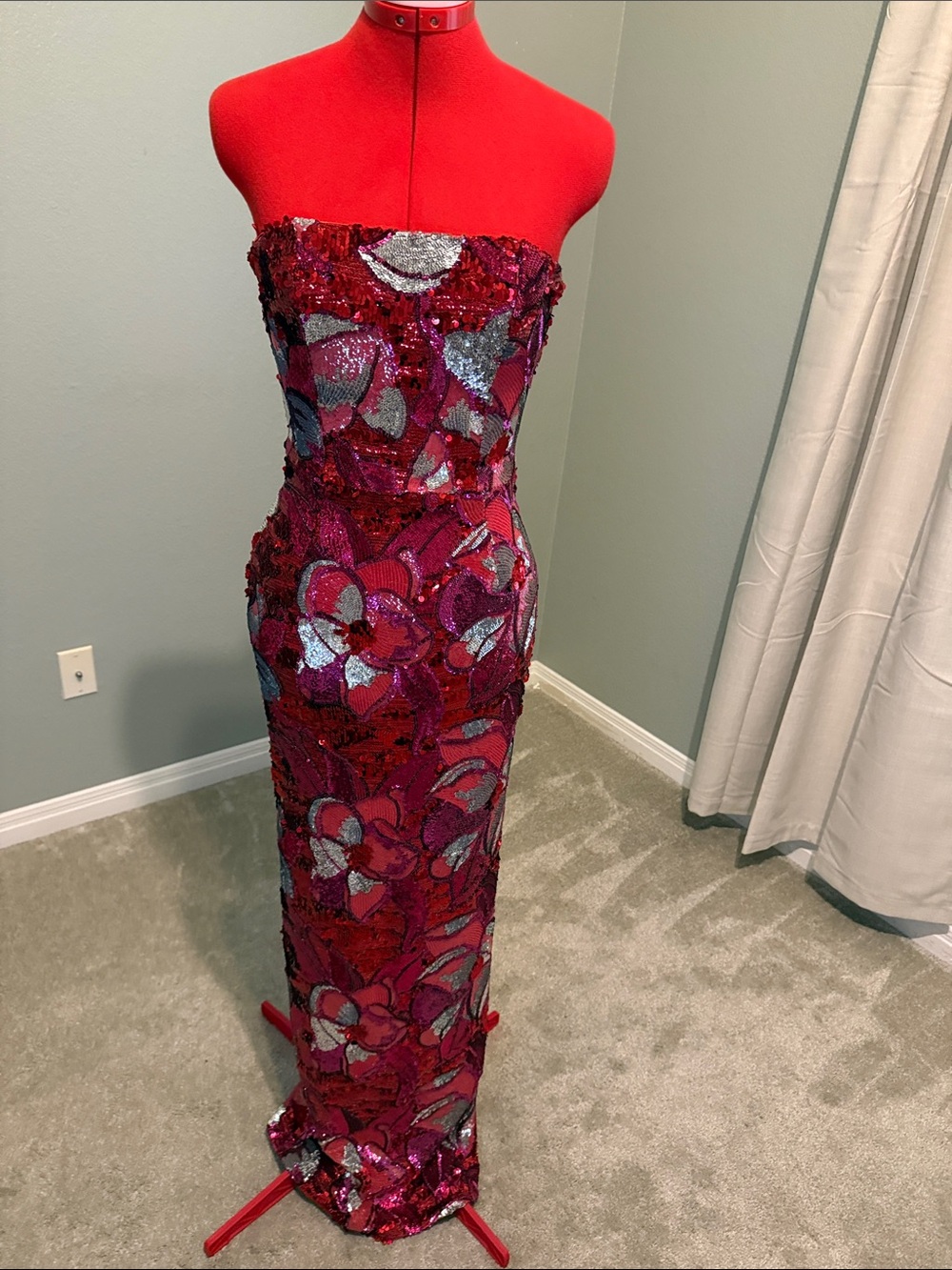 Strapless Fuchsia Sequin Floral Prom Dress